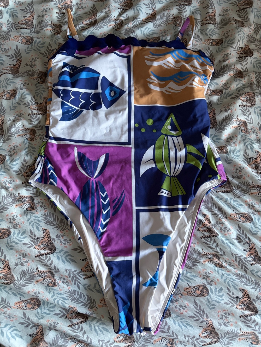 Celandine Colorblock Fish Print One-Piece Swimsuit - Blue Purple Green - XL